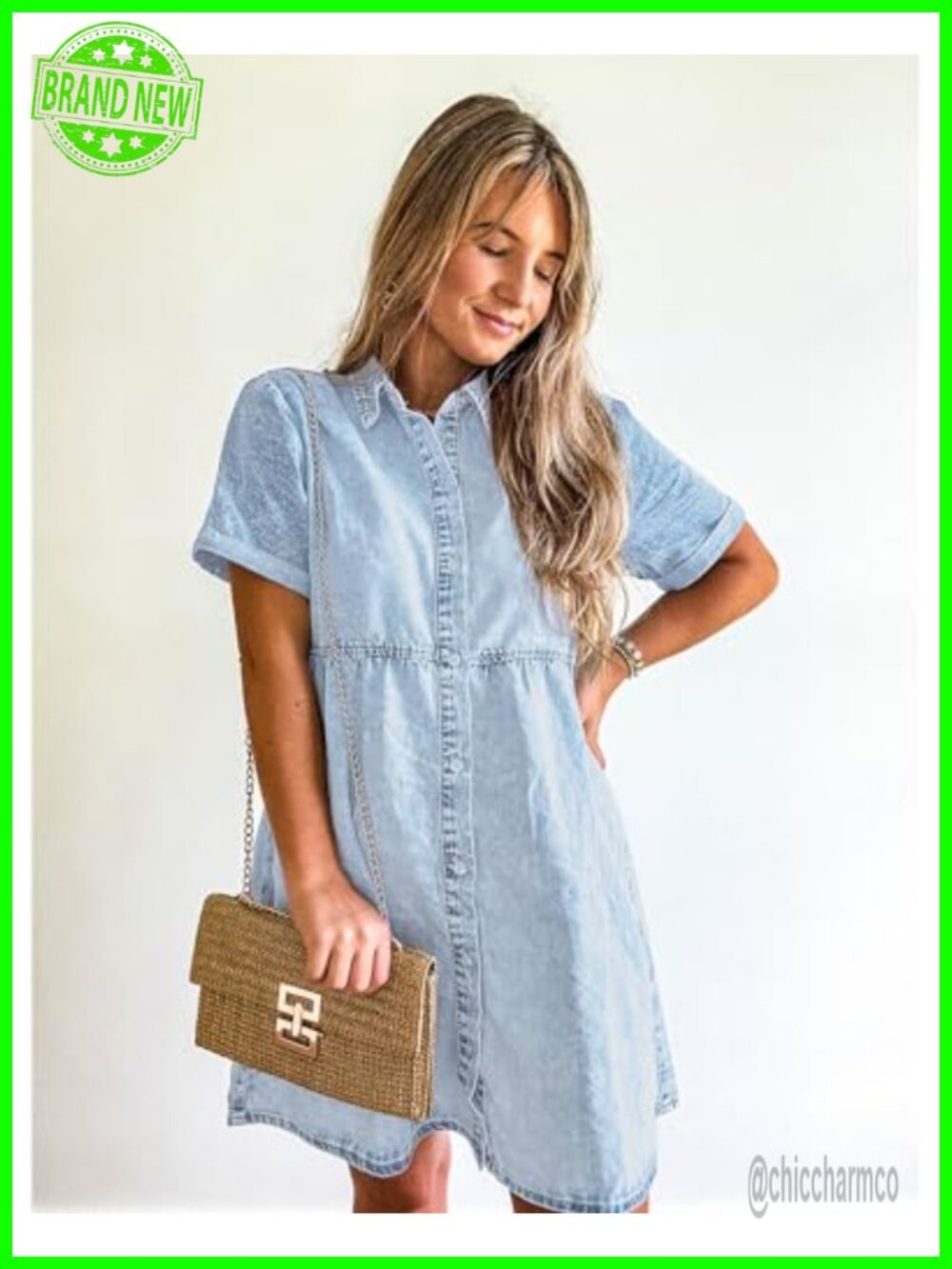 Babydoll Tiered Short Sleeve Button Down Denim Dress - Picture 4 of 6
